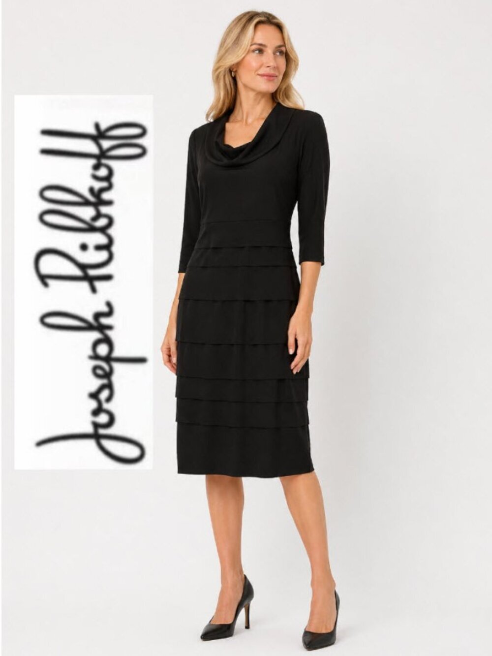 Joseph Ribkoff Black Layered Cowl Neck Midi Dress Career Chic 10